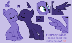 Size: 844x506 | Tagged: safe, artist:firepony-bases, oc, oc only, earth pony, pony, g4, bald, base, duo, eyebrows, eyes closed, eyes open, female, horn, kiss on the lips, kissing, mare, oc x oc, partially open wings, purple background, shipping, simple background, sitting, spread wings, text, wings