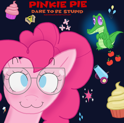 Size: 1000x997 | Tagged: safe, artist:clemchane, gummy, pinkie pie, alligator, earth pony, pony, reptile, g4, album cover, album parody, cupcake, female, food, goggles, party cannon, safety goggles, science, solo, weird al yankovic