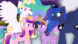 Size: 1920x1080 | Tagged: safe, artist:clemchane, princess cadance, princess celestia, princess luna, twilight sparkle, alicorn, pony, g4, season 4, twilight's kingdom, alicorn tetrarchy, big crown thingy, element of magic, female, jewelry, regalia, twilight sparkle (alicorn), you'll play your part