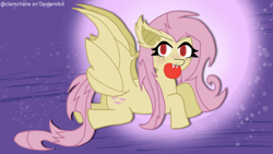 Size: 1920x1080 | Tagged: safe, artist:clemchane, fluttershy, bat pony, bats!, g4, season 4, anatomically incorrect, apple, bat ponified, flutterbat, flying, food, incorrect leg anatomy, moon, night, race swap, solo, stars