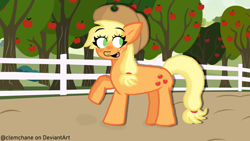 Size: 1920x1080 | Tagged: safe, artist:clemchane, applejack, earth pony, pony, g4, apple, apple tree, female, fence, solo, sweet apple acres, tree