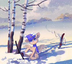 Size: 3906x3466 | Tagged: safe, artist:koviry, pony, commission, high res, skis, snow, snowfall, solo, tree, winter, your character here