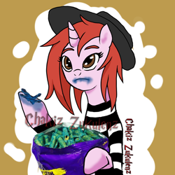 Size: 1800x1800 | Tagged: safe, artist:chakiz zukulenz, oc, oc:chakiz zukulenz, pony, unicorn, clothes, dirty, eating, hat, solo, sweater, takis