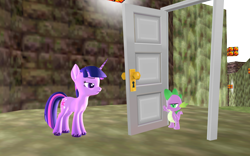 Size: 1920x1200 | Tagged: safe, artist:puzzlshield2, spike, twilight sparkle, pony, unicorn, boast busters, g4, 3d, door, duo, meme, mmd, open door, recreation, scene interpretation, super mario 64, super mario bros., unicorn twilight, unimpressed