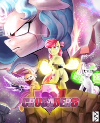 Size: 3000x3700 | Tagged: safe, artist:begoliah, apple bloom, scootaloo, sweetie belle, oc, oc:scarlet judge cozy glow, earth pony, pegasus, pony, unicorn, comic:crusaders, g4, bandana, comic, female, glowing, glowing horn, hand, high res, horn