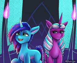 Size: 1700x1400 | Tagged: safe, artist:zachc, misty brightdawn, opaline arcana, alicorn, pony, unicorn, g5, my little pony: make your mark, my little pony: make your mark chapter 5, my little pony: make your mark chapter 6, spoiler:g5, spoiler:my little pony: make your mark chapter 5, spoiler:my little pony: make your mark chapter 6, alternate hair color, concave belly, duo, duo female, eyelashes, female, mare, opaline arcana is not amused, open mouth, open smile, pale belly, raised hoof, rebirth misty, scene interpretation, smiling, unamused