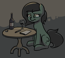 Size: 580x517 | Tagged: source needed, safe, artist:plunger, oc, oc only, oc:filly anon, earth pony, pony, abstract background, alcohol, bill, bottle, crying, date, drink, female, filly, foal, glass, imported from twibooru, lonely, notepad, pencil, png, sad, sitting, solo, table, wine, wine bottle, wine glass