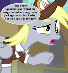 Size: 675x720 | Tagged: safe, edit, edited screencap, editor:korora, screencap, derpy hooves, g4, the point of no return, crate, cropped, hat, implied attempted murder, implied rarity, mailmare hat, mailmare uniform, speech, speech bubble, talking, this end up