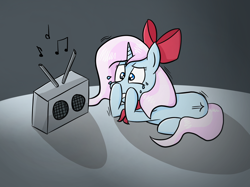 Size: 2732x2048 | Tagged: safe, artist:ponycolton, oc, oc only, oc:annie antecedent, pony, unicorn, bow, distressed, female, hair bow, high res, mare, music notes, radio, shaking, solo