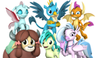 Size: 1920x1080 | Tagged: safe, alternate version, artist:pika-robo, gallus, ocellus, sandbar, silverstream, smolder, yona, changedling, changeling, classical hippogriff, dragon, griffon, hippogriff, yak, g4, 3d, crossed arms, dragoness, female, flying, group, group photo, looking at you, male, open mouth, open smile, simple background, smiling, source filmmaker, spread wings, student six, waving, waving at you, white background, wings