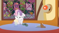 Size: 1280x720 | Tagged: safe, artist:jan, sweetie belle, pony, unicorn, button's adventures, g4, controller, drink, female, filly, foal, milkshake, restaurant, solo, table