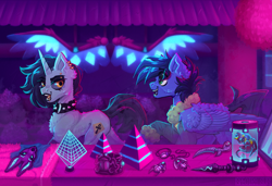 Size: 1024x700 | Tagged: safe, artist:spectrasus, oc, oc only, oc:midnight blitzer, oc:tansha, pegasus, pony, sphinx, unicorn, clothes, collar, concave belly, cybernetic wings, cyberpunk, dagger, ear piercing, egyptian, egyptian pony, female, hologram, jacket, jewelry, lip piercing, male, mare, mask, piercing, pyramid, science fiction, setting: neo somnambula, stallion, weapon, wings