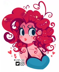 Size: 1540x1900 | Tagged: safe, alternate version, artist:l4zy_4le, pinkie pie, human, g4, breasts, bust, busty pinkie pie, cleavage, curly hair, female, floating heart, heart, humanized, looking at you, no catchlights, simple background, solo, white background
