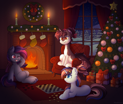 Size: 3000x2549 | Tagged: safe, artist:madelinne, oc, oc only, oc:aarushi everglow, oc:arcana fae, oc:cammie "birdy" circuit, bat pony, pony, unicorn, bat pony oc, candle, chair, checkers, christmas, christmas stocking, christmas tree, couch, fire, fireplace, forest, high res, holiday, horn, nature, present, snow, snowfall, tree, unicorn oc, window