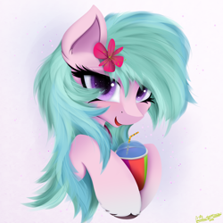 Size: 4000x4000 | Tagged: safe, artist:ser-p, dahlia, earth pony, pony, g5, absurd resolution, bust, drink, flower, flower in hair, happy, looking at you, open mouth, open smile, portrait, smiling, smoothie, solo