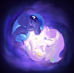 Size: 2459x2425 | Tagged: safe, artist:gosha305, princess celestia, princess luna, alicorn, pony, g4, cewestia, cheek fluff, chest fluff, cute, cutelestia, duo, duo female, eyes closed, female, fetal position, filly, filly celestia, filly luna, floating, fluffy, foal, folded wings, full body, galaxy, high res, lunabetes, pink-mane celestia, royal sisters, siblings, sisters, sleeping, smiling, space, stars, upside down, wings, woona, younger