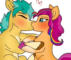 Size: 1080x920 | Tagged: safe, artist:sheriffwayz, hitch trailblazer, sunny starscout, earth pony, pony, g5, blushing, duo, duo male and female, female, heart, heart eyes, kiss on the lips, kissing, male, mane stripe sunny, ship:starblazer, shipping, simple background, stallion, straight, unshorn fetlocks, white background, wingding eyes