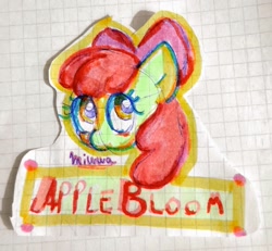 Size: 1024x946 | Tagged: safe, artist:m1ww4, apple bloom, earth pony, pony, g4, bust, female, filly, foal, graph paper, portrait, solo, text, traditional art