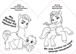 Size: 1200x853 | Tagged: safe, hitch trailblazer, sparky sparkeroni, sunny starscout, dragon, earth pony, pony, g5, official, 2d, coloring book, coloring page, cute, hitchbetes, poland, polish, sparkybetes, sunnybetes, translated in the description