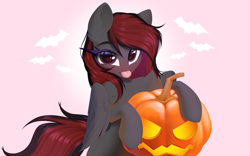 Size: 4096x2560 | Tagged: safe, artist:kebchach, oc, oc only, oc:se solar eclipse, bat, pegasus, pony, :p, commission, eyelashes, female, fluffy mane, gray coat, halloween, halloween 2023, holiday, jack-o-lantern, looking at you, mare, mare oc, nightmare night, pegasus oc, pink background, pony oc, pose, pumpkin, purple eyes, red and black mane, shading, solo, tongue out