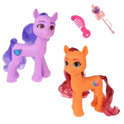 Size: 800x800 | Tagged: safe, izzy moonbow, sunny starscout, earth pony, pony, unicorn, g5, bootleg, brush, brushable, comb, heart, race swap, toy, unlicensed, wand