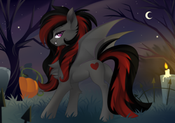 Size: 4000x2800 | Tagged: safe, artist:xvostik, oc, oc only, oc:se solar eclipse, bat pony, pony, undead, vampire, butt, candle, chest fluff, crescent moon, dead tree, ear fluff, fangs, female, fluffy mane, fluffy tail, graveyard, gray coat, halloween, halloween 2023, heart, holiday, looking at you, moon, night, nightmare night, plot, pony oc, pose, pumpkin, purple eyes, red and black mane, smiling, smiling at you, smirk, solo, spread wings, stars, sultry, sultry pose, tail, tree, wings