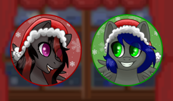 Size: 1200x700 | Tagged: safe, artist:krotir56, oc, oc only, oc:mb midnight breeze, oc:se solar eclipse, pegasus, pony, blue mane, blurry background, christmas, christmas 2023, commission, couple, cute, drapes, duo, duo focus, duo male and female, ears up, eye clipping through hair, female, fluffy mane, gray coat, green background, green eyes, happy, hat, hearth's warming, holiday, in love, indoors, looking at each other, looking at someone, love, male, matching outfits, open mouth, pegasus oc, pony oc, profile picture, purple eyes, red and black mane, red background, santa hat, simple background, smiling, smiling at each other, snow, snowflake, spread wings, teeth, window, wings