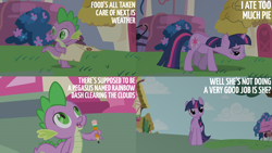 Size: 2000x1125 | Tagged: safe, edit, edited screencap, editor:quoterific, screencap, spike, twilight sparkle, dragon, pony, unicorn, friendship is magic, g4, my little pony: friendship is magic, belly, big belly, female, implied rainbow dash, male, mare, unicorn twilight