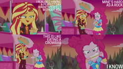 Size: 4400x2475 | Tagged: safe, edit, edited screencap, editor:quoterific, screencap, pinkie pie, sunset shimmer, equestria girls, equestria girls specials, g4, my little pony equestria girls: better together, my little pony equestria girls: sunset's backstage pass, churros, food