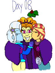 Size: 2625x3500 | Tagged: safe, artist:ktd1993, adagio dazzle, sunset shimmer, trixie, human, equestria girls, g4, cheek kiss, christmas, female, grin, high res, holiday, holly, holly mistaken for mistletoe, kiss sandwich, kissing, lesbian, polyamory, ship:sunsagio, shipping, simple background, smiling, transparent background, triagio
