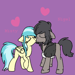 Size: 500x500 | Tagged: safe, artist:spitstuck, misty fly, oc, oc:nigel, pony, g4, clothes, female, kissing, male, purple background, shirt, simple background, stallion, straight