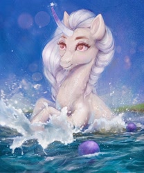 Size: 1108x1334 | Tagged: safe, artist:pegaya, oc, oc only, pony, unicorn, ball, curved horn, female, horn, mare, solo, swimming, water