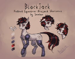 Size: 3160x2496 | Tagged: safe, artist:bultico, oc, oc only, oc:blackjack, cyborg, pony, unicorn, fallout equestria, fallout equestria: project horizons, amputee, female, high res, mare, prosthetic leg, prosthetic limb, prosthetics, reference sheet, solo