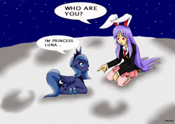 Size: 900x637 | Tagged: safe, artist:ciriliko, princess luna, alicorn, humanoid, pony, g4, bunny ears, clothes, crossover, duo, female, mare, moon, reisen udongein inaba, skirt, touhou