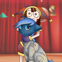 Size: 1280x1280 | Tagged: safe, oc, earth pony, humanoid, pony, animate object, clothes, commission, doll, duo, duo male and female, female, hat, jester, jester hat, jester outfit, living doll, male, pomni, stallion, the amazing digital circus, toy, ych result