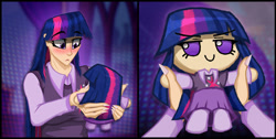 Size: 826x416 | Tagged: dead source, safe, artist:deroach, twilight sparkle, human, g4, clothes, confused, female, fumo, humanized, plushie, skirt, touhou