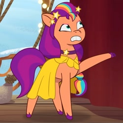 Size: 1087x1087 | Tagged: safe, screencap, sunny starscout, earth pony, pony, equestria's got talent, g5, my little pony: tell your tale, spoiler:g5, spoiler:my little pony: tell your tale, spoiler:tyts01e69, clothes, cropped, dress, female, frown, mane stripe sunny, mare, outfit, snow, solo, stage, stars