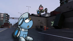 Size: 828x465 | Tagged: safe, artist:foxfer64_yt, oc, oc only, oc:silverstream (robot pony), oc:trackhead, original species, pony, robot, robot pony, amazed, city, concerned, duo, jumping, looking up, photo, tracks, wheepone