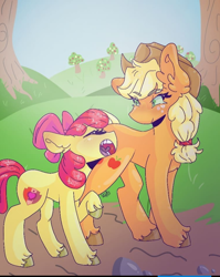 Size: 720x905 | Tagged: safe, artist:mageyhicc, apple bloom, applejack, earth pony, pony, g4, apple, apple sisters, eyes closed, female, filly, foal, food, mare, open mouth, siblings, sisters, tree, unshorn fetlocks