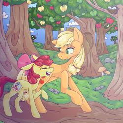 Size: 1280x1280 | Tagged: safe, artist:mageyhicc, apple bloom, applejack, earth pony, pony, g4, apple, apple sisters, apple tree, bird nest, egg, eyes closed, female, filly, foal, food, mare, nest, open mouth, redraw, siblings, sisters, tree