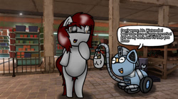 Size: 828x465 | Tagged: safe, artist:foxfer64_yt, oc, oc only, oc:kira (fl), oc:silverstream (robot pony), original species, pegasus, pony, robot, robot pony, wheelpone, bag, bipedal, curious, duo, groceries, grocery store, happy, helping, looking at each other, looking at someone, raised hoof, shop, shopping bag, talking