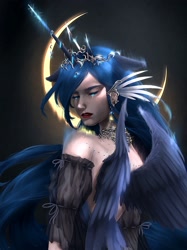 Size: 1920x2561 | Tagged: safe, artist:tuna19, princess luna, human, g4, clothes, crescent moon, crying, dress, female, horn, horned humanization, humanized, jewelry, moon, necklace, regalia, solo, winged humanization, wings