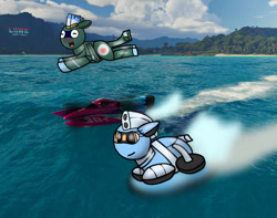 Size: 827x652 | Tagged: safe, artist:foxfer64_yt, oc, oc only, oc:blitzwing, oc:silverstream (robot pony), original species, plane pony, pony, boat, duo, ears back, happy, hawaii, island, ocean, photo, plane, water, wave