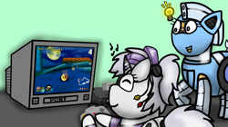 Size: 828x465 | Tagged: safe, artist:foxfer64_yt, oc, oc only, oc:silverstream (robot pony), oc:sixteen-bits, pony, robot, robot pony, car, controller, gamer, happy, inspired, lightbulb, nintendo, nintendo 64, playing, race, racing, retro, room, simple background, television, video game