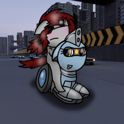 Size: 828x828 | Tagged: safe, artist:foxfer64_yt, oc, oc only, oc:kira (fl), oc:silverstream (robot pony), original species, pegasus, pony, robot, robot pony, wheelpone, asking, blushing, car, city, ears back, embarrassed, highway, night, photo, street