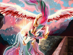 Size: 1280x960 | Tagged: safe, artist:metanagon, princess celestia, alicorn, pony, g4, curved horn, female, flying, hoof shoes, horn, jewelry, mare, peytral, regalia, scenery, solo, spread wings, wings