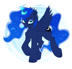 Size: 2340x2231 | Tagged: safe, artist:thieftea, princess luna, alicorn, pony, g4, cup, high res, horn, looking at you, magic, solo, spread wings, wings