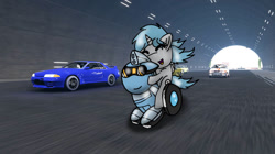 Size: 828x465 | Tagged: safe, artist:foxfer64_yt, oc, oc only, oc:nara (fl), oc:silverstream (robot pony), alicorn, original species, pony, robot, robot pony, wheelpone, car, duo, ears back, eyes closed, happy, highway, hug, looking at each other, looking at someone, nissan, photo, riding, riding a pony, tunnel