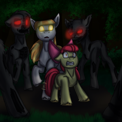 Size: 1695x1695 | Tagged: safe, artist:erinh18, apple bloom, oc, oc:ruby (story of the blanks), earth pony, pony, undead, zombie, zombie pony, story of the blanks, g4, female, filly, foal, forest, glowing, glowing eyes, nature, tree