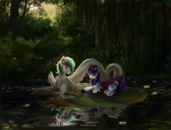 Size: 1280x974 | Tagged: safe, artist:stearinka, oc, oc only, original species, pony, snake, snake pony, bat wings, chess, chessboard, chest fluff, commission, detailed background, female, flower, forest, forked tongue, horns, lake, lilypad, male, mare, nature, stallion, tree, water, wings